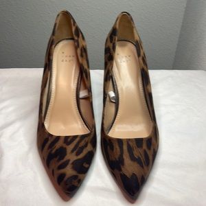 EUC Women's a new day Gemma Faux suede Leopard Pointed Toe Heeled Pumps